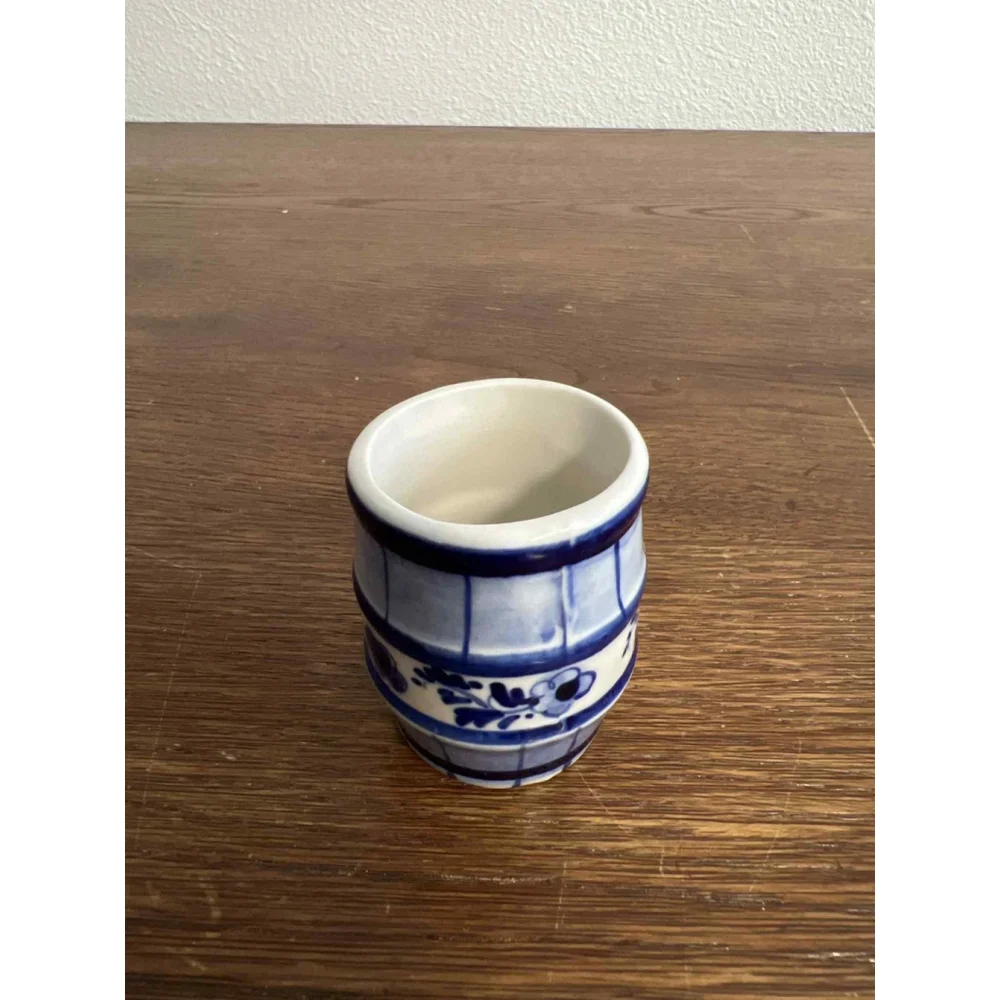 Vintage Hand Painted Delft Blue Vase & Miniature Barrel Cup Holland Pottery Set